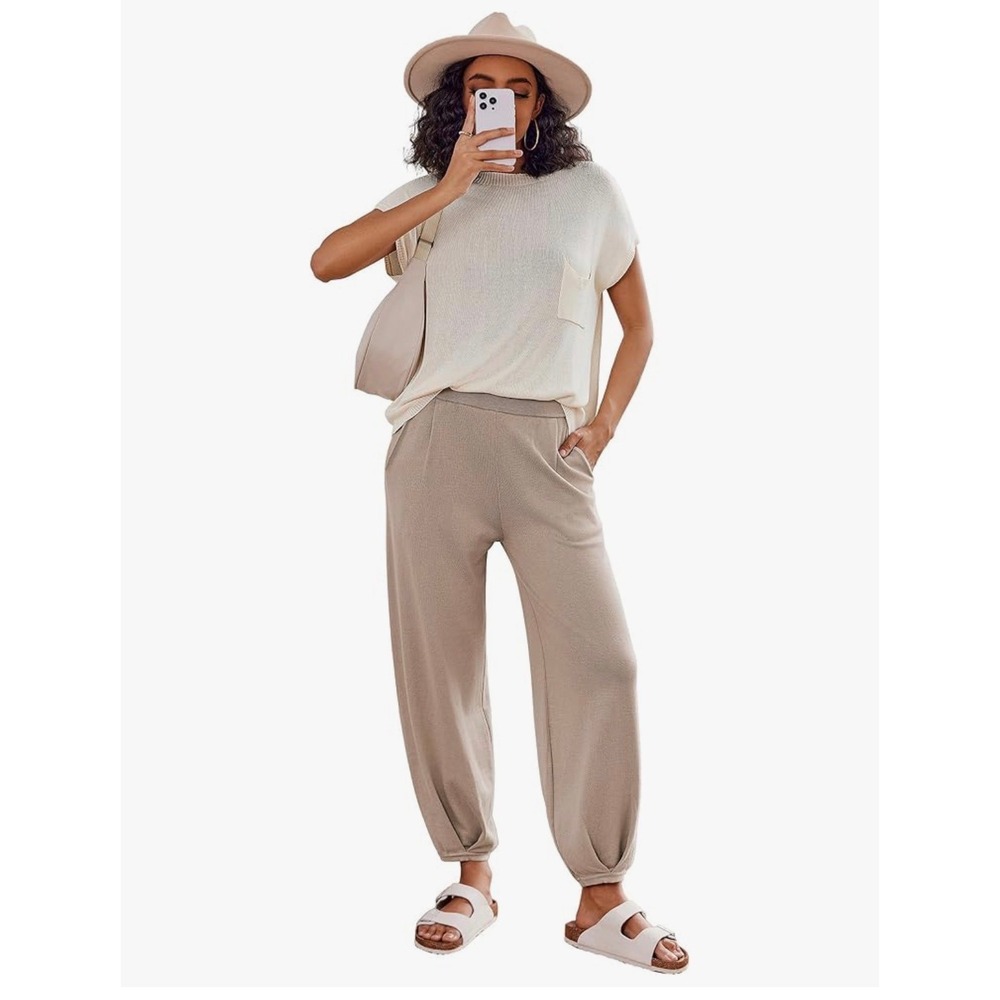 Ekouaer Knit Lounge Sweater Set Womens S 2 Piece Casual Travel Vacation Neutral